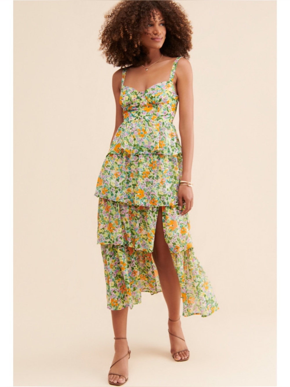 ASTR | NWT Midsummer Floral Tiered Maxi Dress in Green Orange Multi, Size Large